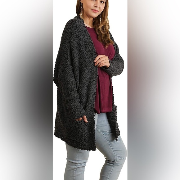 Umgee Womens Open Front Cardigan Gray Sz XL Popcorn Dolman Sleeve Pocket Boho - Picture 3 of 11